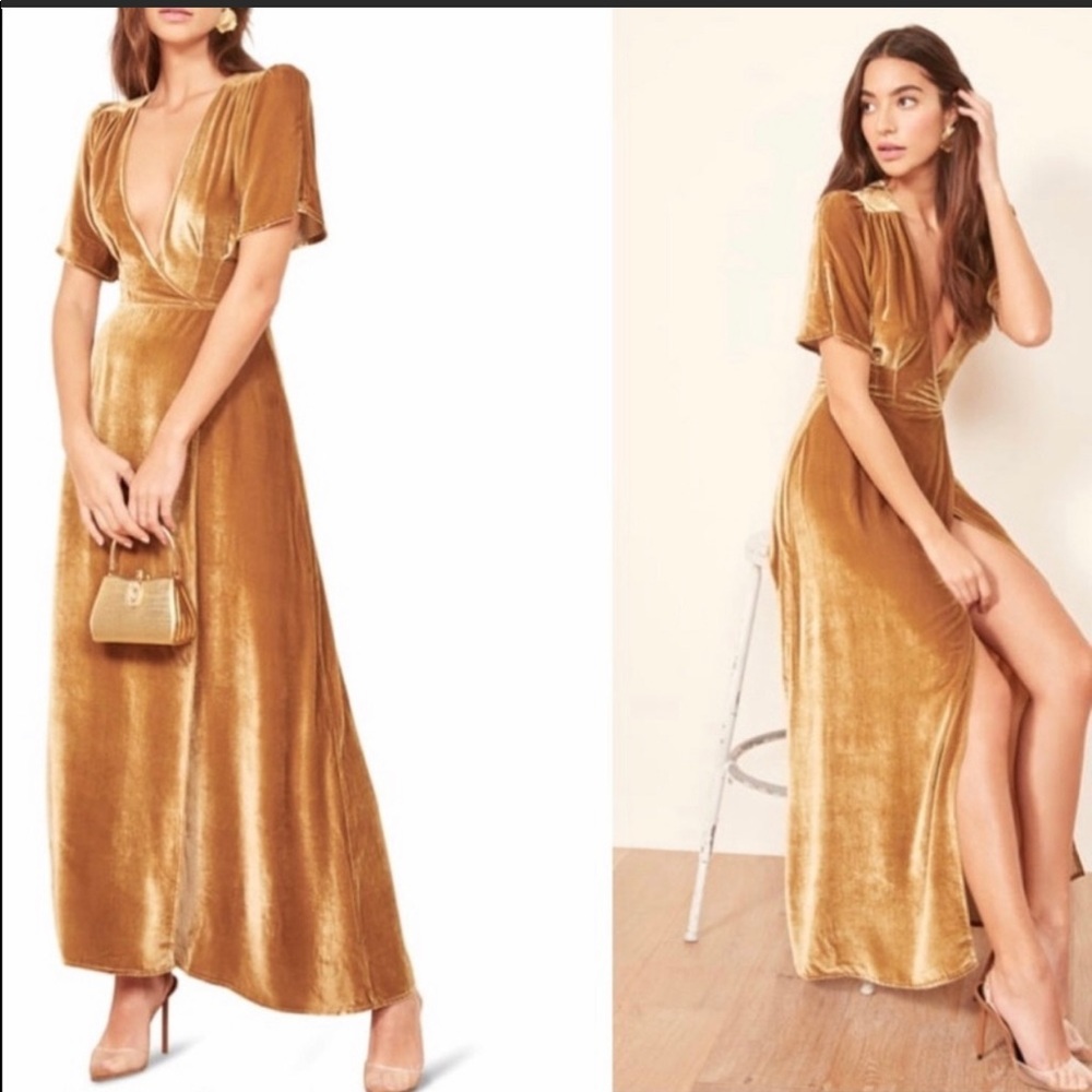 Reformation gold velvet wrap dress.